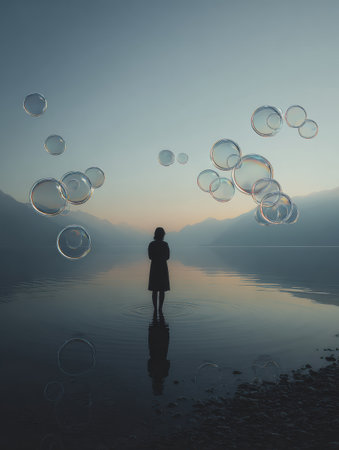 Silhouette of a person standing still in a calm lake, surrounded by translucent bubbles, reflecting the tranquility of dawn light in the background.の素材
