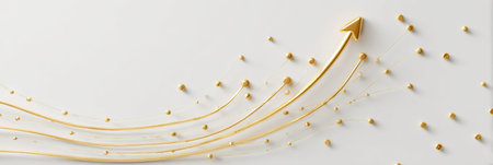 A golden arrow rises on a neat backdrop, symbolizing increased growth and success. The graph represents positive trends in data analysis and development.の素材