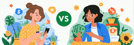 A visual comparison shows one person engaging in digital spending on a mobile device while another focuses on mindful spending with cash, surrounded by plants.の素材
