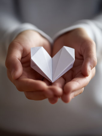 Two hands hold gently a carefully crafted paper heart, illuminated by soft shadows that enhance the warm and inviting atmosphere of the moment.の素材