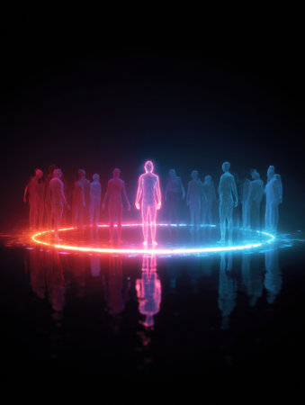 A circle of diverse people surrounds a radiant figure representing autism, symbolizing acceptance and support in a creative and artistic setting.の素材