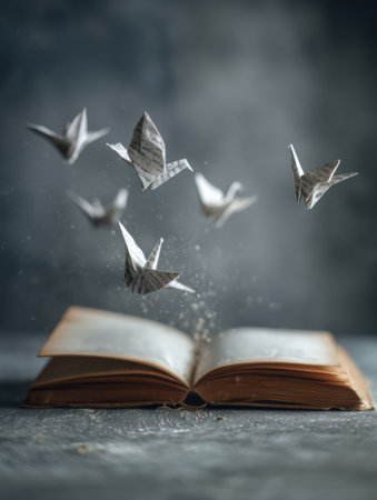 Papers shaped as birds soar from an open journal, evoking feelings of creativity and inspiration amidst a muted background of soft colors.の素材