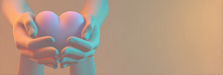 Hands cradle a soft 3D heart, surrounded by a warm pastel backdrop, symbolizing affection and tenderness in a serene atmosphere.の素材