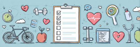 This checklist promotes healthy living with space for personal goals and fun infographic elements like fruits and exercise icons.の素材