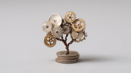 A growth tree crafted from gears and coins stands on a clean neutral background, representing the synergy between finance and technology in development.の素材