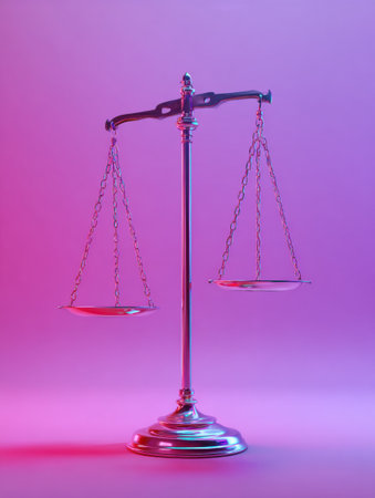 A glowing justice scale stands prominently against a soft purple backdrop, symbolizing balance, fairness, and law in an elegant and modern settingの素材