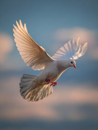 A peace dove glides through the serene atmosphere, its wings expanded against a beautifully blended gradient sky, symbolizing freedom and hope.の素材