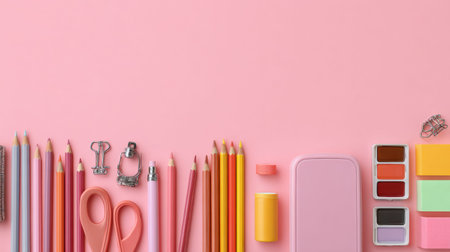 A collection of colorful school supplies is neatly arranged on a soft pink backdrop, providing a visually appealing workspace for art and study activities.の素材