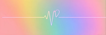Vibrant heartbeat line flows through a rainbow gradient, culminating in a soft heart shape, symbolizing love and emotional connection beautifully.の素材