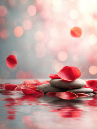 Red rose petals drift delicately over calm stones, creating a tranquil ambiance with pastel hues in the background, evoking peace and beauty.の素材