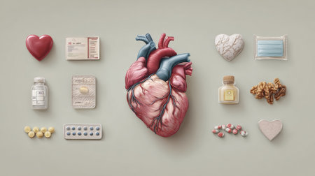 Heart health is represented through various infographic elements, including medications, food items, and health tools arranged in an informative manner.の素材