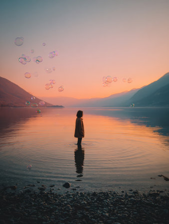A person stands peacefully in a calm lake, surrounded by floating bubbles that represent thoughts, as the sun sets behind distant mountains.の素材