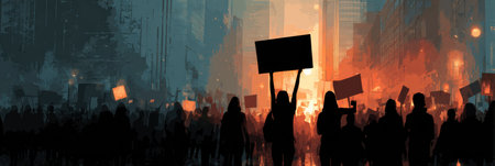 Silhouetted figures gather in a city setting, holding a luminous banner, demonstrating for change amidst a backdrop of bright urban lights and shadows.の素材
