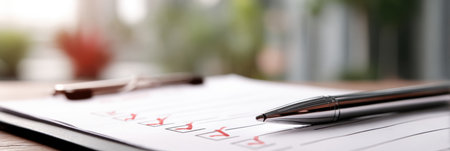A financial checklist lies on a wooden surface next to a pen, with a softly blurred green background suggesting a calm setting for organization.の素材