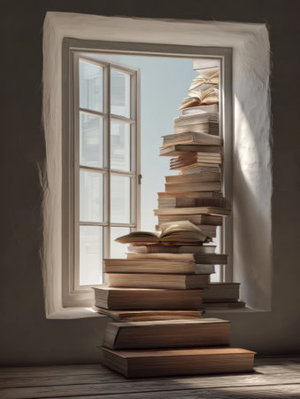 Books are meticulously arranged to form a staircase that reaches an open window, inviting natural light and a sense of tranquility into the room.の素材