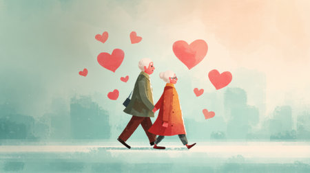 Happy elderly couple strolls hand in hand, embraced by colorful heart symbols, enjoying their time together in a soft pastel city backdrop at dusk.の素材