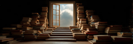 Stacked books form a staircase that leads to an open window, allowing soft light to brighten the room and invite creativity and contemplation.の素材