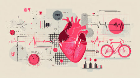Engaging visual detailing heart health, featuring statistics, graphs, and a bicycle, emphasizing the importance of cardiovascular fitness.の素材
