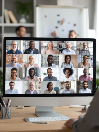 Team members from various backgrounds engage in a collaborative remote video call while utilizing a whiteboard for brainstorming ideas and sharing insightsの素材