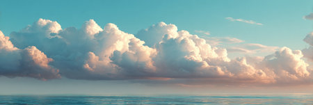 Soft clouds drift over a calm ocean, offering a serene backdrop for reflection and relaxation, fostering tranquility and mental clarity.の素材