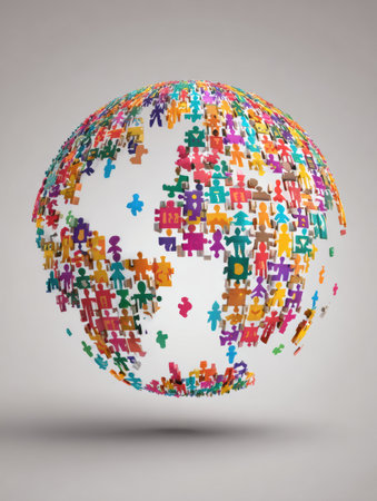 A globe crafted from puzzle pieces symbolizes unity and diversity, showcasing icons representing various people and cultures in a vibrant arrangement.の素材