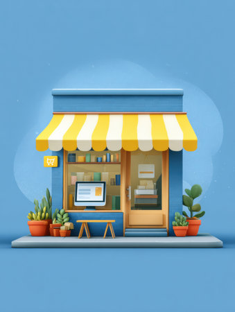 Colorful storefront features a digital order system with vibrant plants and a welcoming atmosphere for customers interested in online shopping optionsの素材