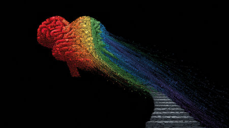 A colorful rainbow flows from the brain to the heart, symbolizing the beauty of neurodiversity and the connection between thoughts and emotions.の素材
