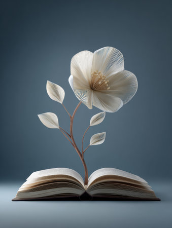 A delicate paper flower emerges from the pages of an open book, symbolizing transformation, creativity, and the beauty of growth in a calm setting.の素材