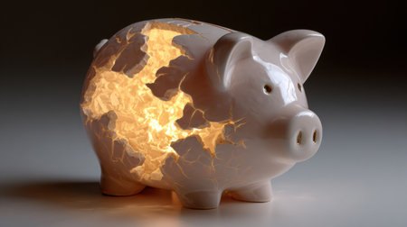 Cracked piggy bank emits a warm glow from within, representing the potential for new opportunities and a bright future in financial endeavors and savings.の素材