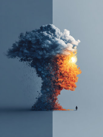 A visual metaphor illustrates a human profile, transitioning from a stormy cloud formation to a bright sun, representing mental clarity and serenity.の素材