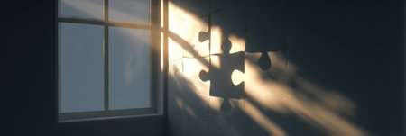 Sunlight streams through a puzzle ribbon window, casting intricate shadows on the wall, symbolizing the interplay of awareness and connection in a quiet space.の素材