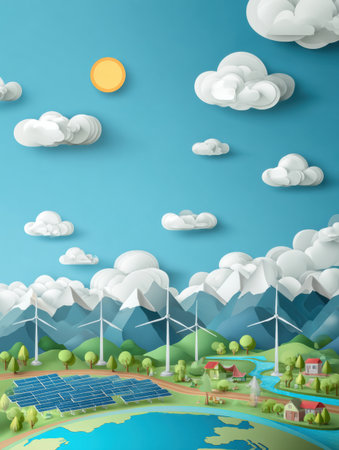 This vibrant spring landscape highlights solar panels and wind turbines integrated into nature, emphasizing earth awareness and sustainable energy sources.の素材