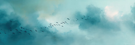 Words from poetry take flight as birds glide over a serene sky filled with soft clouds, creating a peaceful and inspiring atmosphere in the afternoon light.の素材