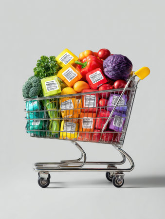 Grocery cart overflowing with fresh vegetables and fruits, showing nutrition labels in a cheerful arrangement against a neutral background.の素材