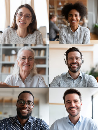 Engaging remote team video call shows diverse participants smiling and interacting, with a collaborative whiteboard in a modern office environment.の素材