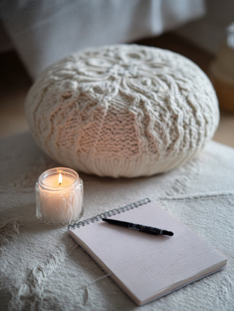 Set in a serene environment, a cozy cushion rests beside a flickering candle and an open notebook, creating an inviting space for meditation and reflection.の素材