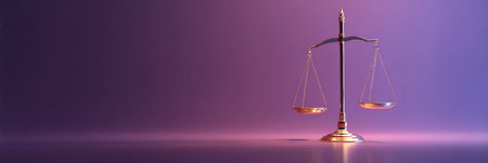 A minimal justice scale radiates light against a soft purple background, representing the ideals of fairness and balance in contemporary society.の素材