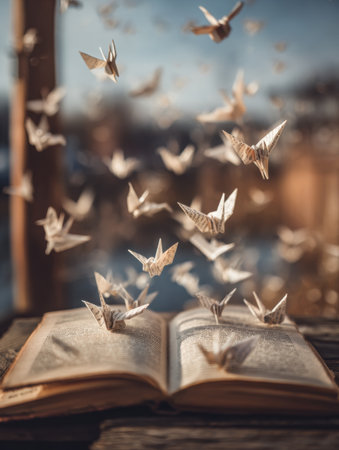 Delicate paper birds rise from an open journal, showing creativity and emotion in a serene, softly lit natural setting.の素材