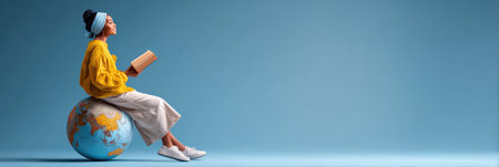 A woman sits on a globe with a book, symbolizing global womens education and empowerment.の素材