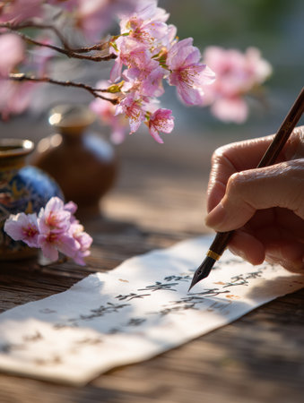 Delicate petals fall as poetry is elegantly penned on a scroll, surrounded by blooming cherry blossoms, evoking a serene atmosphere.の素材