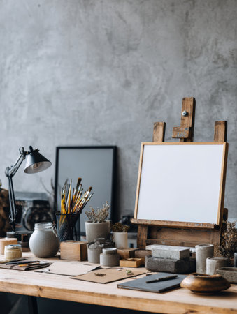 An inspiring quote board stands in an abstract workspace filled with art tools, brushes, and project materials, creating an atmosphere for creativity.の素材