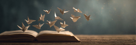 In a serene setting, paper birds take flight from the pages of an open journal, evoking a sense of freedom and creativity in the soft light.の素材