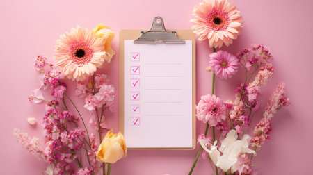 A spring goals checklist is laid out on a flat calendar background, adorned with vibrant flowers that enhance the seasonal theme.の素材