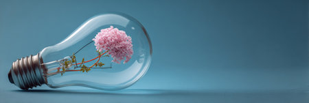 A lightbulb encapsulates a blooming flower, symbolizing the fusion of ideas and nature, representing growth and inspiration in a unique manner.の素材