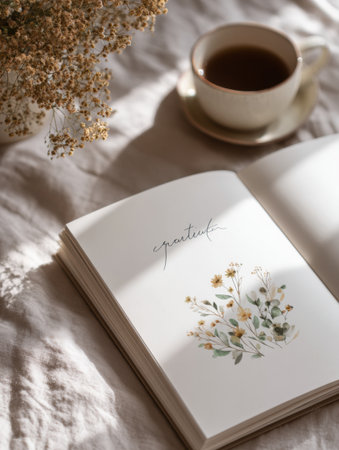 An open notebook showcases gratitude notes with gentle floral visuals while a cup of coffee rests beside it in a cozy, inviting atmosphereの素材