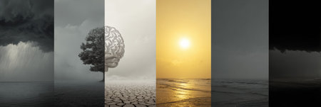 A visual metaphor shows a brain transitioning from dark storm clouds to bright sunlight, symbolizing growth, clarity, and emotional stability in life.の素材