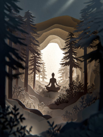 A meditating figure sits peacefully in a serene forest, surrounded by trees and illuminated by warm sunlight filtering through the leaves.の素材