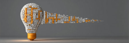 Stylized lightbulb filled with various business-related buzzwords in vibrant colors, symbolizing innovation and creativity in a clean, minimalistic designの素材