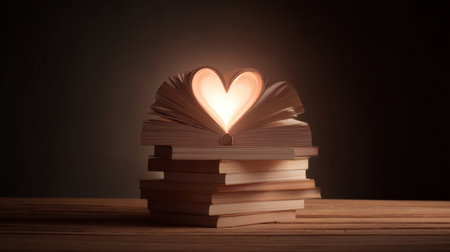 A collection of stacked books creates a heart shape with a warm glow emanating from the center, reflecting passion for reading in a cozy, quiet space.の素材