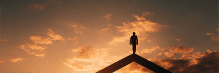 A man stands confidently on a large upward arrow silhouette during sunset, representing ambition, success, and growth in the business world.の素材